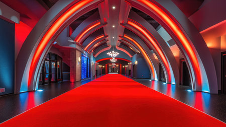 Curved red carpet entryway lit by dramatic chandeliers and spotlight poolsの素材