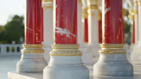 Bright red temple pillars contrast with gold trim and white stone base in the warm sunlightの素材