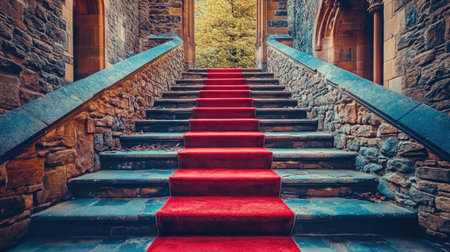 A dramatic red carpet draped over aged stone stairs in a castle-like settingの素材