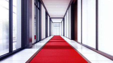 Minimalist hallway with red carpet runner and white walls in linear perspectiveの素材