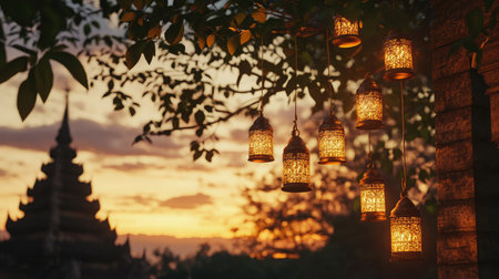 Lanterns hanging under the temple's eaves create a warm glow against a twilight skyの素材