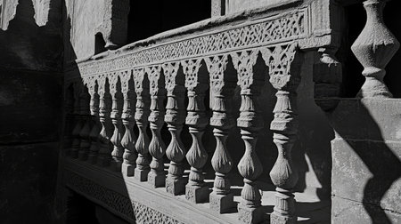 Monochrome image of a temple staircase with shadows casting geometric patternsの素材