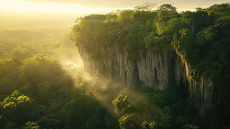 Moss-covered cliff face rising above a dense forest canopy with morning mistの素材