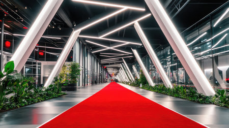 Modern event space with red carpet framed by angular ceiling beams and LED lightingの素材
