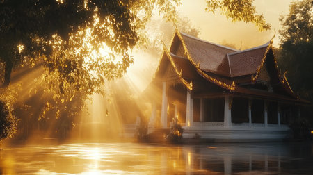Peaceful Thai temple scene at sunrise with golden light touching white stucco wallsの素材