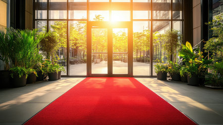 Grand entrance framed with glass doors and red carpet pathway reflecting natural lightの素材