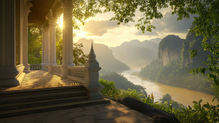 Peaceful Thai temple scene at sunrise with golden light touching white stucco wallsの素材