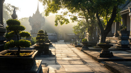 Peaceful Thai temple courtyard with stone pathways and manicured bonsai trees under soft morning lightの素材