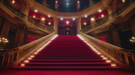 Red carpet arranged for a staircase entrance with flanking golden rails and LED glowの素材