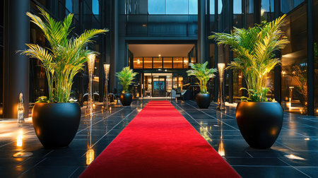 Red carpet pathway flanked by potted palms and luxury lighting in an upscale hotel lobbyの素材