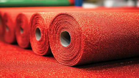 Rolled red carpet in a storage corner, ready for an upscale eventの素材