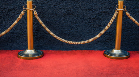 Red carpet partially unrolled in a preparation scene with gold posts and rope on the sideの素材