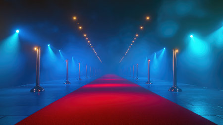 Red carpet disappearing into foggy distance under cinematic lightingの素材