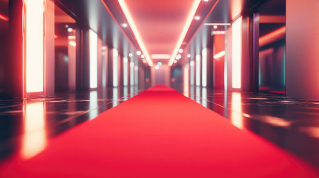 Red carpet unfurled across a glossy floor with polished reflections and art deco surroundingsの素材