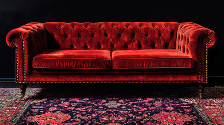 Rich velvet carpet bathed in moody spotlight against a sleek black backdropの素材