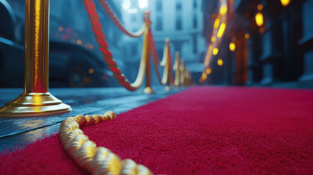 Red carpet partially unrolled in a preparation scene with gold posts and rope on the sideの素材