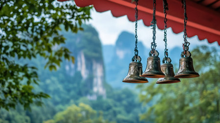 Thai temple bells hanging from a red eave gently swaying with mountain views in the backgroundの素材