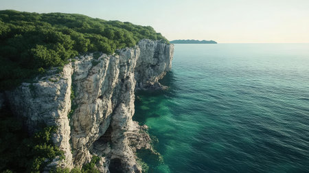 Verdant cliffs meeting the horizon in a lush island landscape under a clear skyの素材
