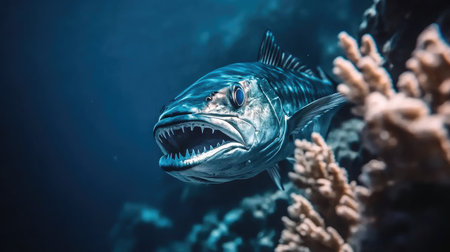 A barracuda lurks near a coral wall with sharp teeth and intense gazeの素材