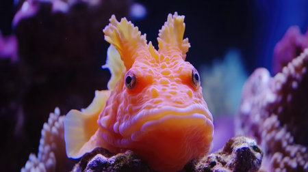 A bright orange frogfish waits motionless near coral rubbleの素材