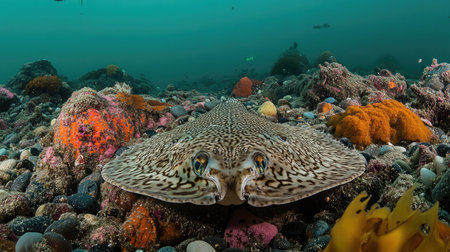 A flatfish lies camouflaged against a pebbled ocean bottomの素材
