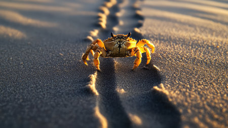 A close-up of a crab crawling across a sandy seabed leaving tracks behindの素材