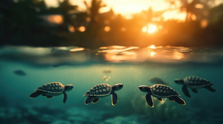 A group of baby sea turtles swimming near coral during early morning lightの素材