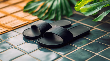 Black slip-on sandals resting on tiled floors with a soft focus on tropical leavesの素材
