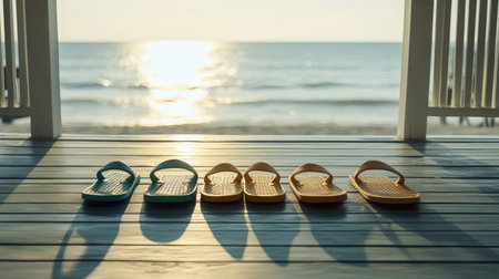 A row of flip-flop sandals arranged neatly on a sunlit porch overlooking the oceanの素材