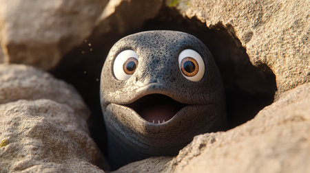 A moray eel peeks from a crevice in the coral with its mouth slightly openの素材