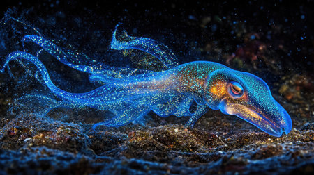 A translucent squid pulses through the water with bioluminescent trailsの素材