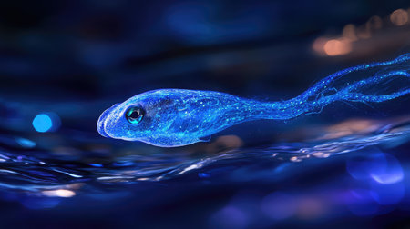 A translucent squid pulses through the water with bioluminescent trailsの素材