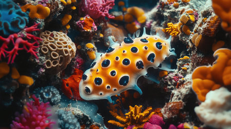 A sea cucumber rests on the seafloor surrounded by coral fragmentsの素材