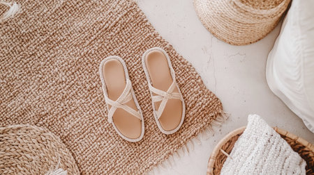 A top-down view of woven sandals on a jute rug, surrounded by minimalist boho accessoriesの素材