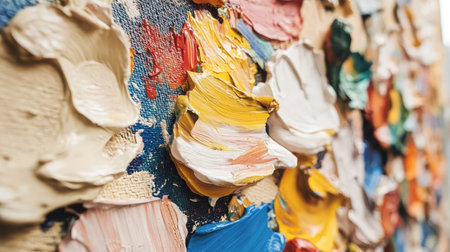 Close-up of impasto oil painting technique showing thick layered paint on rough canvasの素材