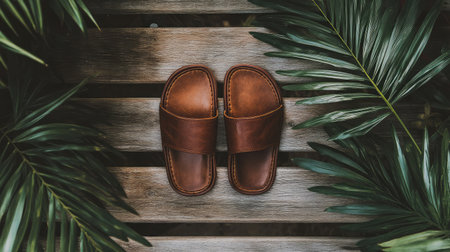 Brown suede sandals on a rustic wooden deck, with tropical plants slightly out of focusの素材