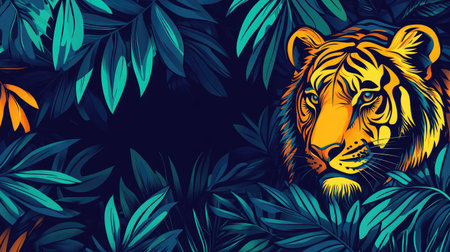 Jungle-themed wallpaper with detailed tigers, palm leaves, and dark backgroundsの素材