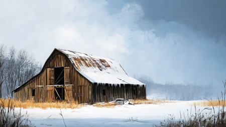 Oil painting of a rustic barn surrounded by snowy fields in a peaceful winter settingの素材