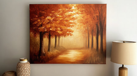 Oil painting depicting a golden autumn forest with warm, textured leaves on canvasの素材