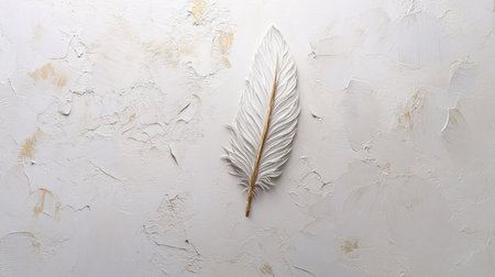 Minimalist oil painting of a single feather on textured white canvasの素材