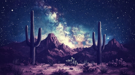 Oil painting of a desert cactus scene under a starry night sky with bold contrastの素材
