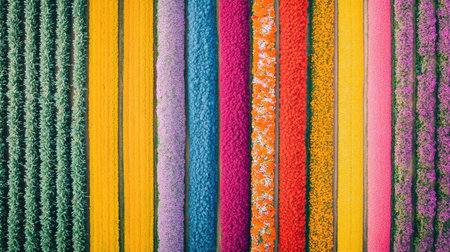 Aerial view of farmland divided into colorful agricultural plots with various cropsの素材