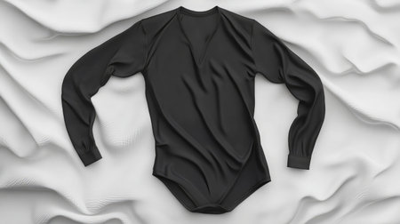 A sleek black long-sleeve bodysuit laid flat on a white background with neatly arranged cuffs and collar detailsの素材