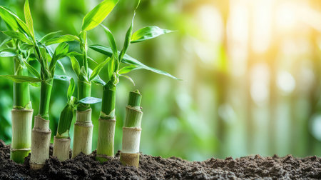 Bamboo shoots emerging from soil in a controlled agricultural setupの素材