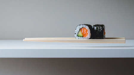Balanced sushi arrangement with rice and seaweed contrast on whiteの素材