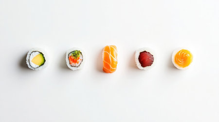 Elegant sushi presentation using minimal garnishes on a pristine white backgroundの素材