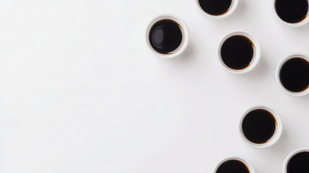 Flat lay of sushi with garnishes spread across clean white spaceの素材