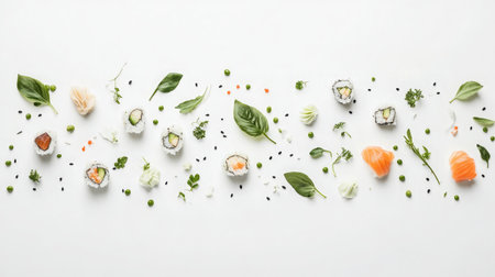 Flat lay of sushi with garnishes spread across clean white spaceの素材