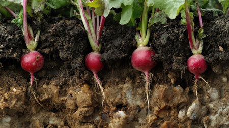 Red radishes with vibrant tops peeking from loose garden soilの素材