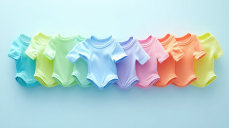 Set of bodysuits stacked in gradient color order on pure white surfaceの素材